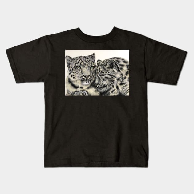 Snow Leopards Snuggling Kids T-Shirt by Artbythree